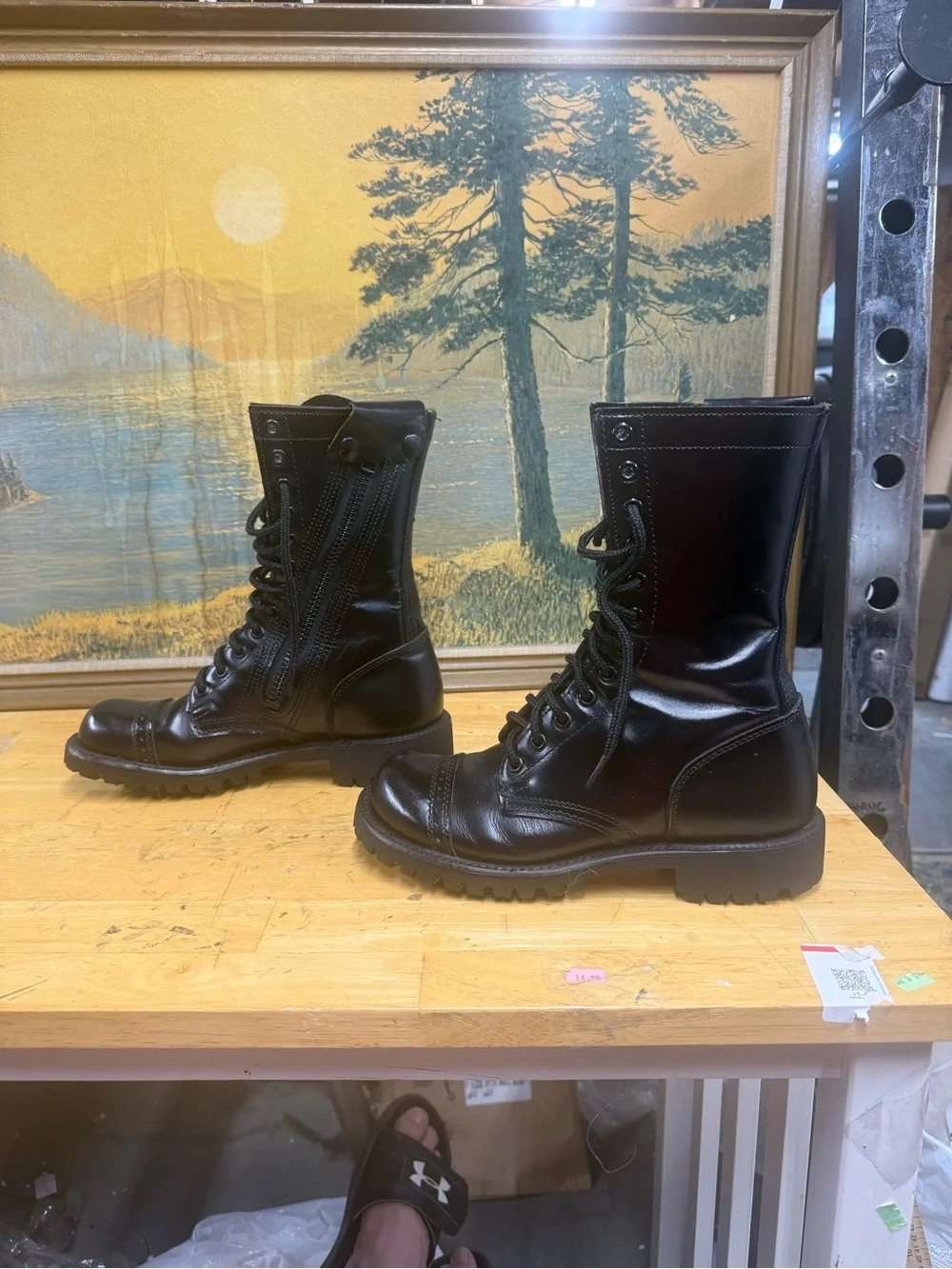 Corcoran 10” black leather jump boots, side zipper, cap toe, size 5R USA stamp